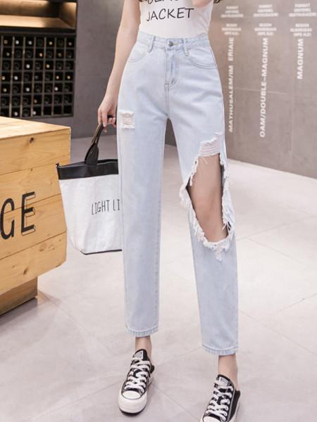 Lezser női farmer szakadt motívummal, magas derékkal - kék színben