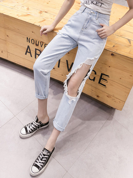 Lezser női farmer szakadt motívummal, magas derékkal - kék színben