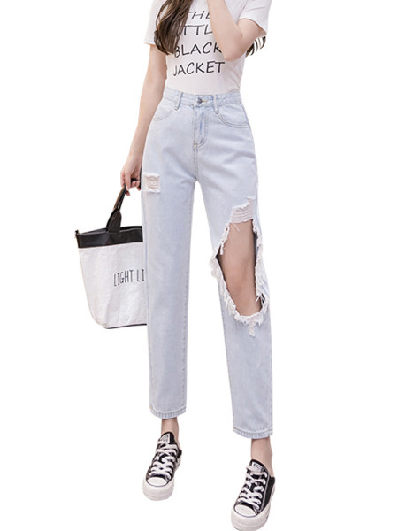 Lezser női farmer szakadt motívummal, magas derékkal - kék színben