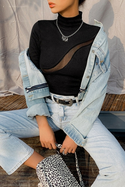 Új modell modern női blúz magas gallérral és hosszú ujjal