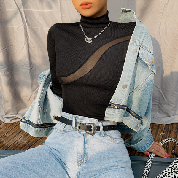 Új modell modern női blúz magas gallérral és hosszú ujjal