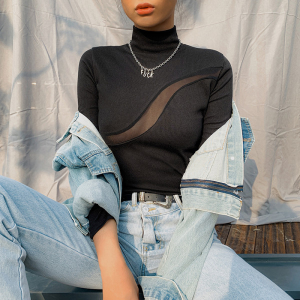 Új modell modern női blúz magas gallérral és hosszú ujjal