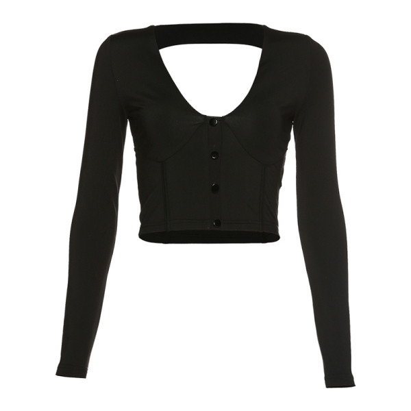 Lühike naiste pluus palja seljaga, pikkade varrukate ja nööpidega