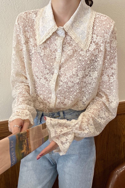 Női csipke ing klasszikus gallérral, fehér színben