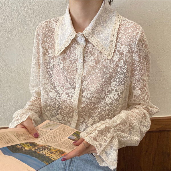 Női csipke ing klasszikus gallérral, fehér színben