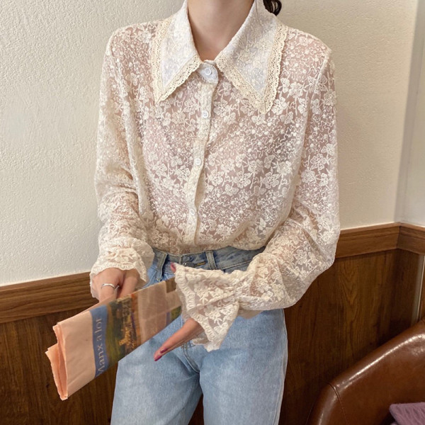 Női csipke ing klasszikus gallérral, fehér színben