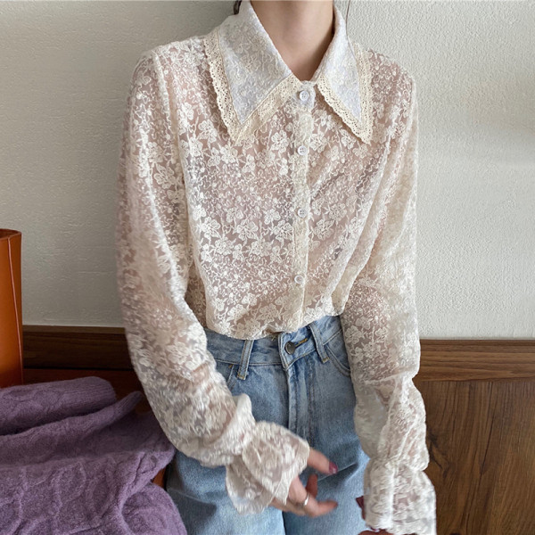 Női csipke ing klasszikus gallérral, fehér színben