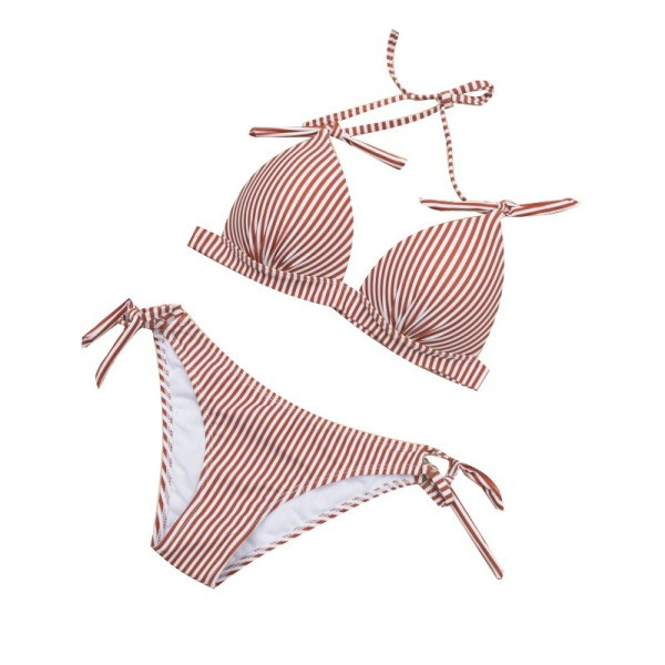 Csíkos női fürdőruha két részes piros színben