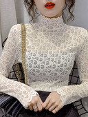 Modern női csipkeblúz, hosszú ujjal és magas gallérral