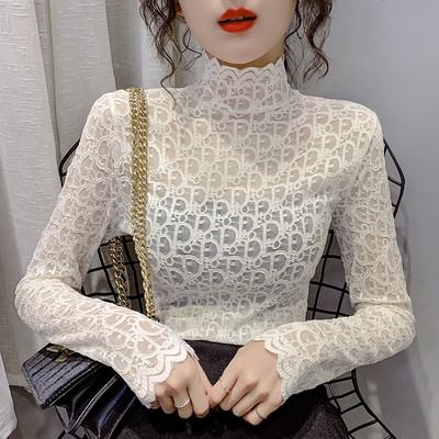 Modern női csipkeblúz, hosszú ujjal és magas gallérral