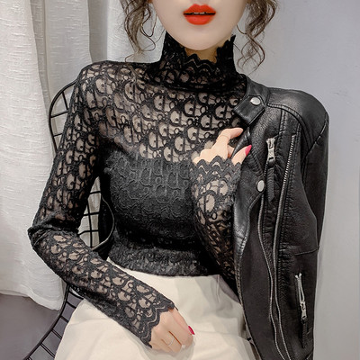 Modern női csipkeblúz, hosszú ujjal és magas gallérral