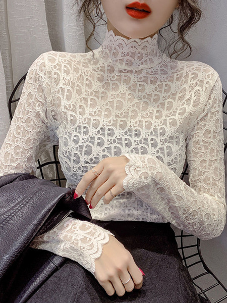 Modern női csipkeblúz, hosszú ujjal és magas gallérral