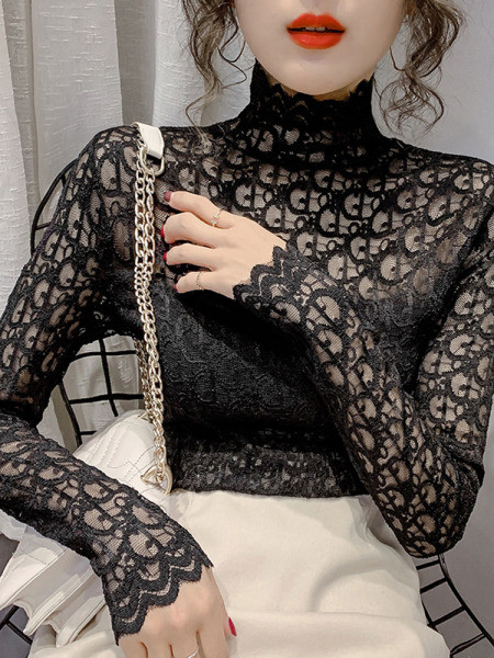 Modern női csipkeblúz, hosszú ujjal és magas gallérral