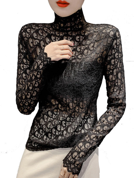 Modern női csipkeblúz, hosszú ujjal és magas gallérral