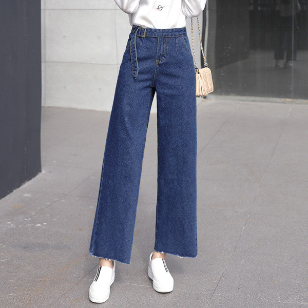 Alkalmi női hosszú farmernadrág magas derékkal – széles modellel