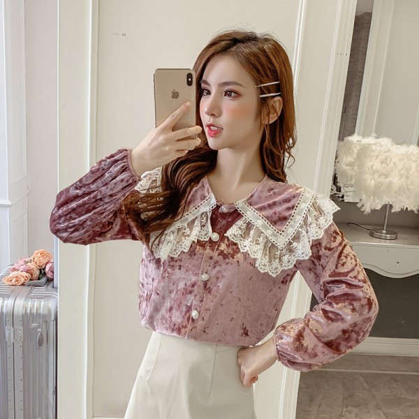 Modern női bársony ing csipkegallérral és gombokkal