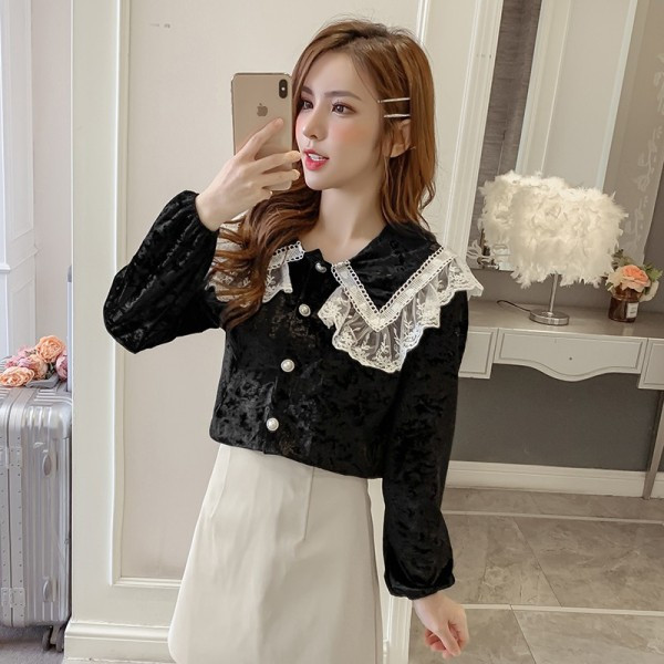 Modern női bársony ing csipkegallérral és gombokkal