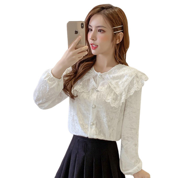 Modern női bársony ing csipkegallérral és gombokkal