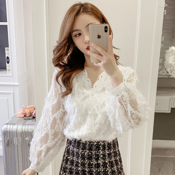 Új modell elegáns női ing spitz nyakkivágással és hosszú ujjal