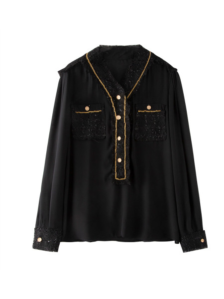 Modern női ing zsebekkel és spitz nyakkivágással