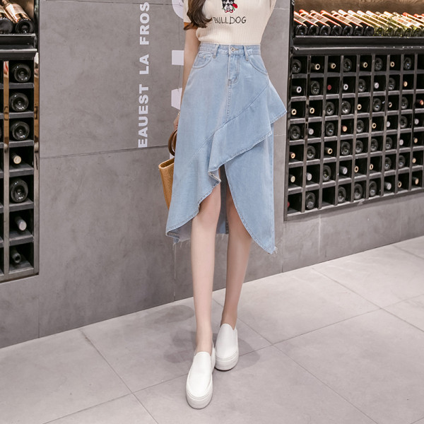 Uus mudel kõrge vöökohaga naiste teksaseelik - asümmeetriline mudel