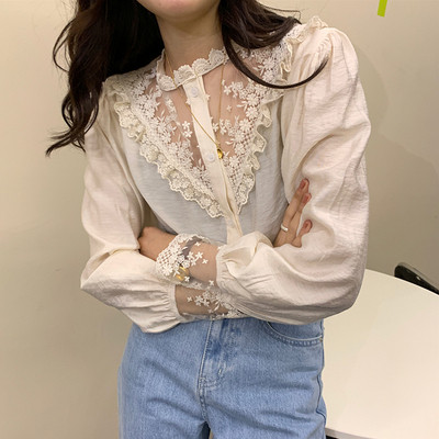 Női ing hosszú ujjal és csipkével retro stílusban - fehér színű