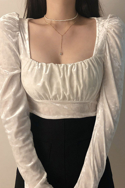 Női blúz négyzet alakú bársony nyakkivágással