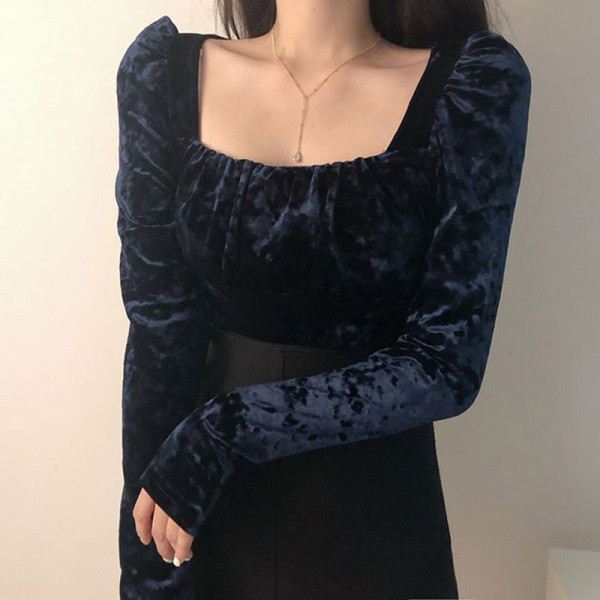 Női blúz négyzet alakú bársony nyakkivágással