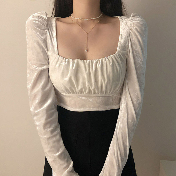 Női blúz négyzet alakú bársony nyakkivágással