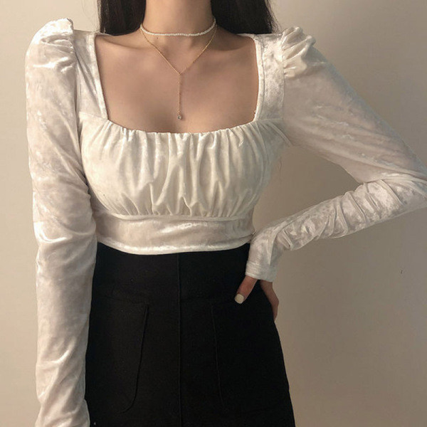 Női blúz négyzet alakú bársony nyakkivágással