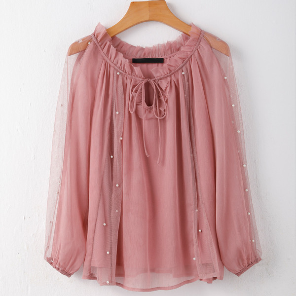 Modern női blúz gyöngyökkel és nyakkendőkkel