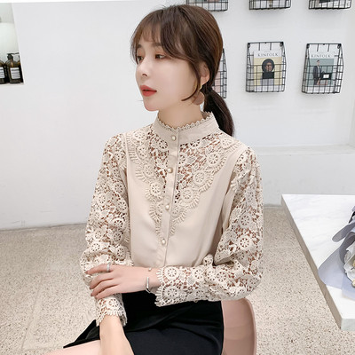 Új modell tavaszi női ing csipkével és bézs gombokkal