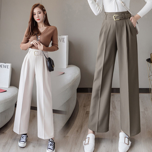 Stílusos női hosszú nadrág magas derékkal és övvel - széles modell