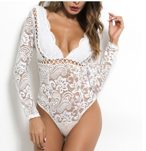Női csipke body hosszú ujjal és V-nyakkal