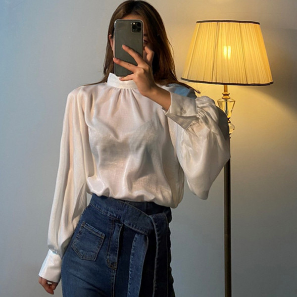 Stiilne kõrge krae ja laiade varrukatega naiste pluus