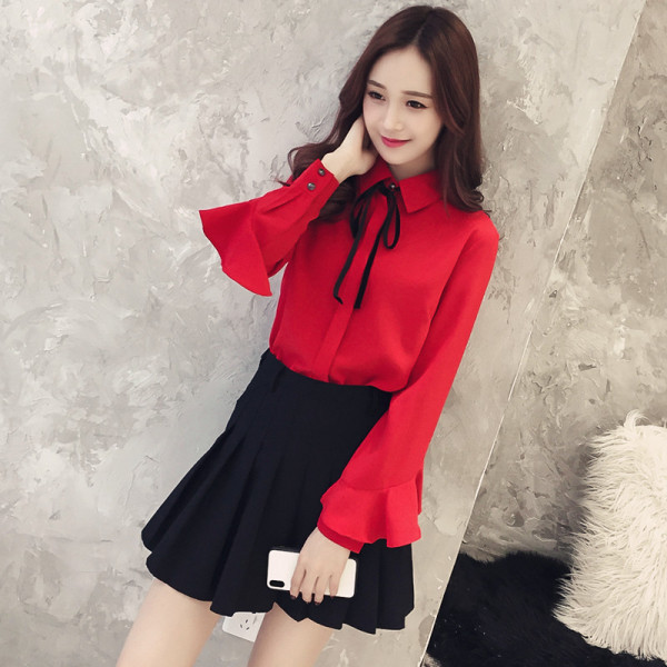 Női alkalmi ing klasszikus gallérral és szalaggal