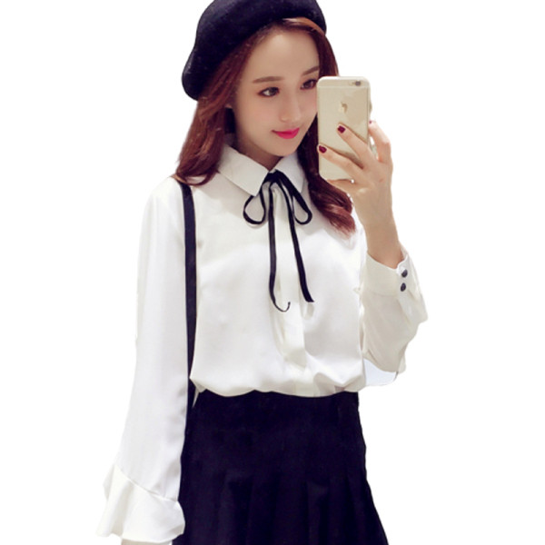 Női alkalmi ing klasszikus gallérral és szalaggal