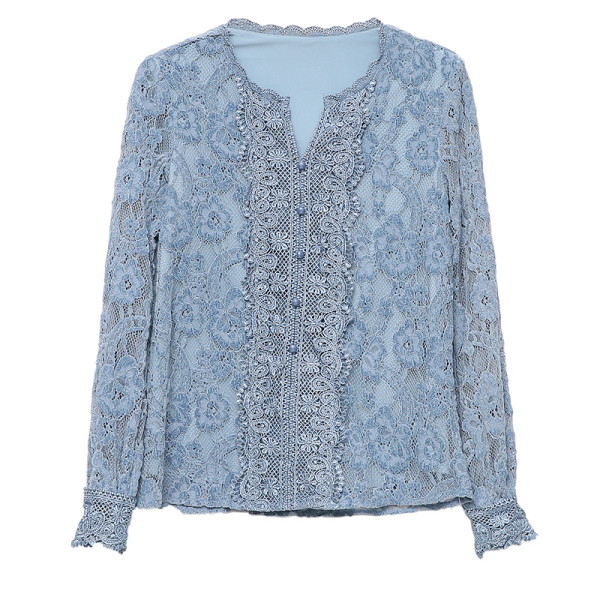 Moteriški nėriniuoti marškiniai su sagomis ir špicine iškirpte