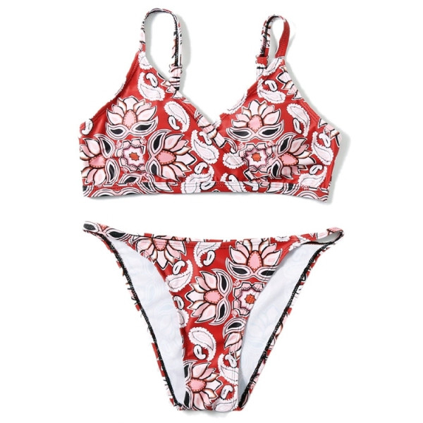Kétrészes női fürdőruha virágmintával, háromszög alakú felsővel