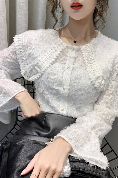 Női csipke tavaszi ing gombokkal és hosszú ujjal