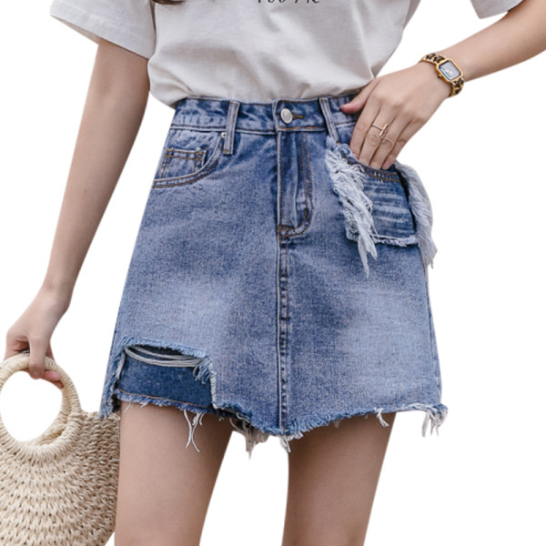 Lezser női farmerszoknya, zsebekkel, magas derékkal