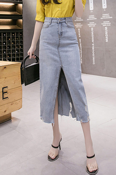 Női farmerszoknya hasítékkal, magas derékkal