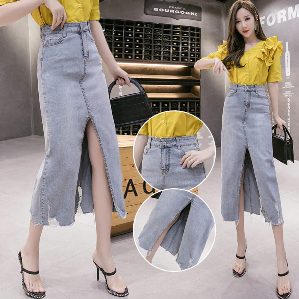 Női farmerszoknya hasítékkal, magas derékkal