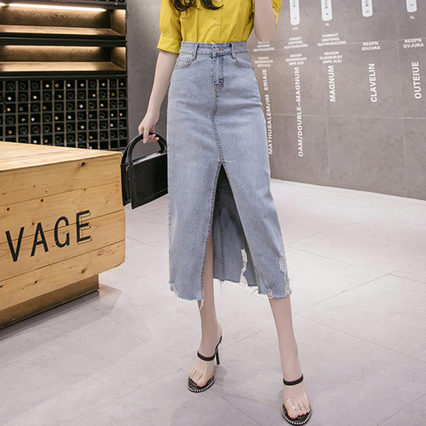 Női farmerszoknya hasítékkal, magas derékkal