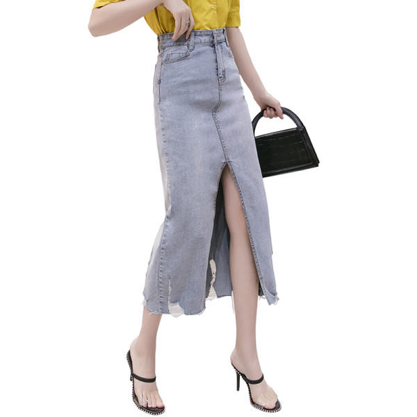 Női farmerszoknya hasítékkal, magas derékkal