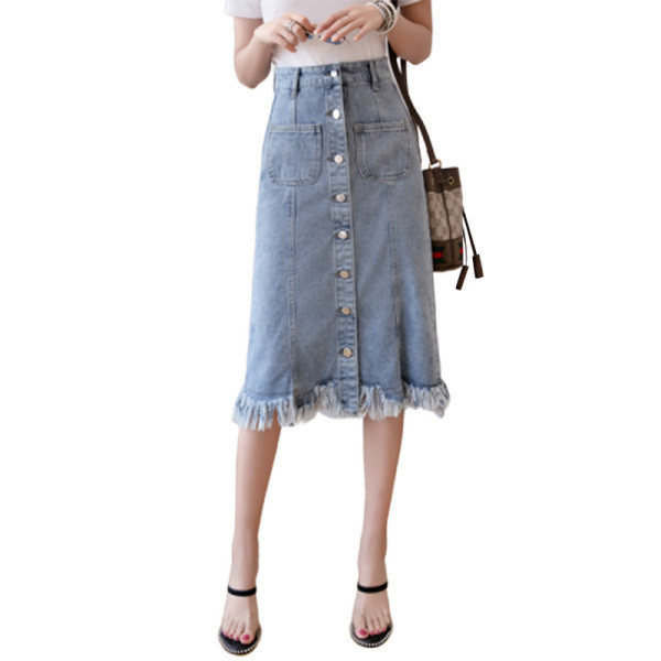 Modern női farmerszoknya gombokkal és A-vonallal