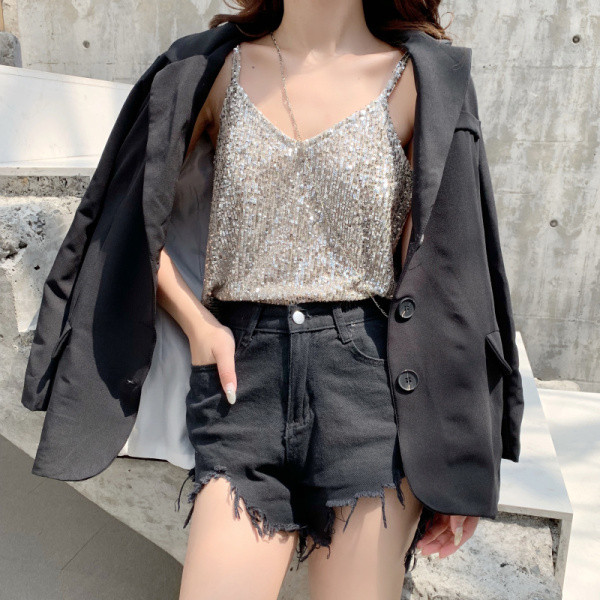 Modern női ezüst felső vékony pántokkal és flitterekkel