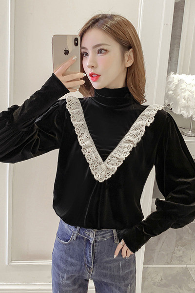 Női alkalmi bársony ing csipkével és magas gallérral