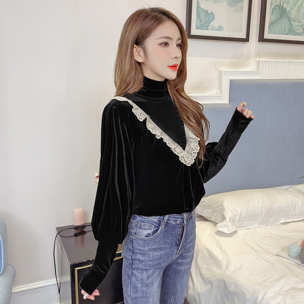 Női alkalmi bársony ing csipkével és magas gallérral