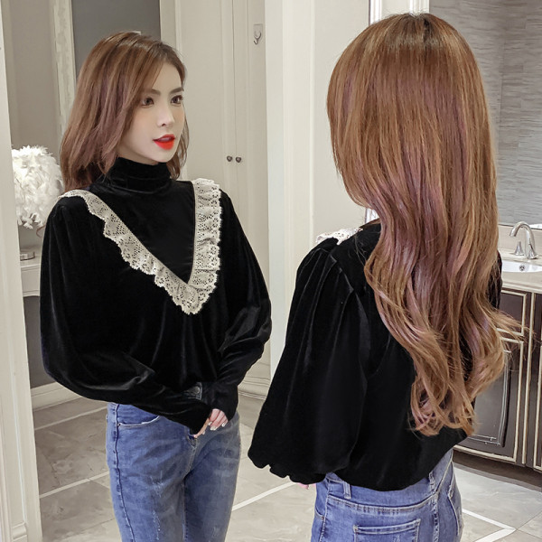 Női alkalmi bársony ing csipkével és magas gallérral